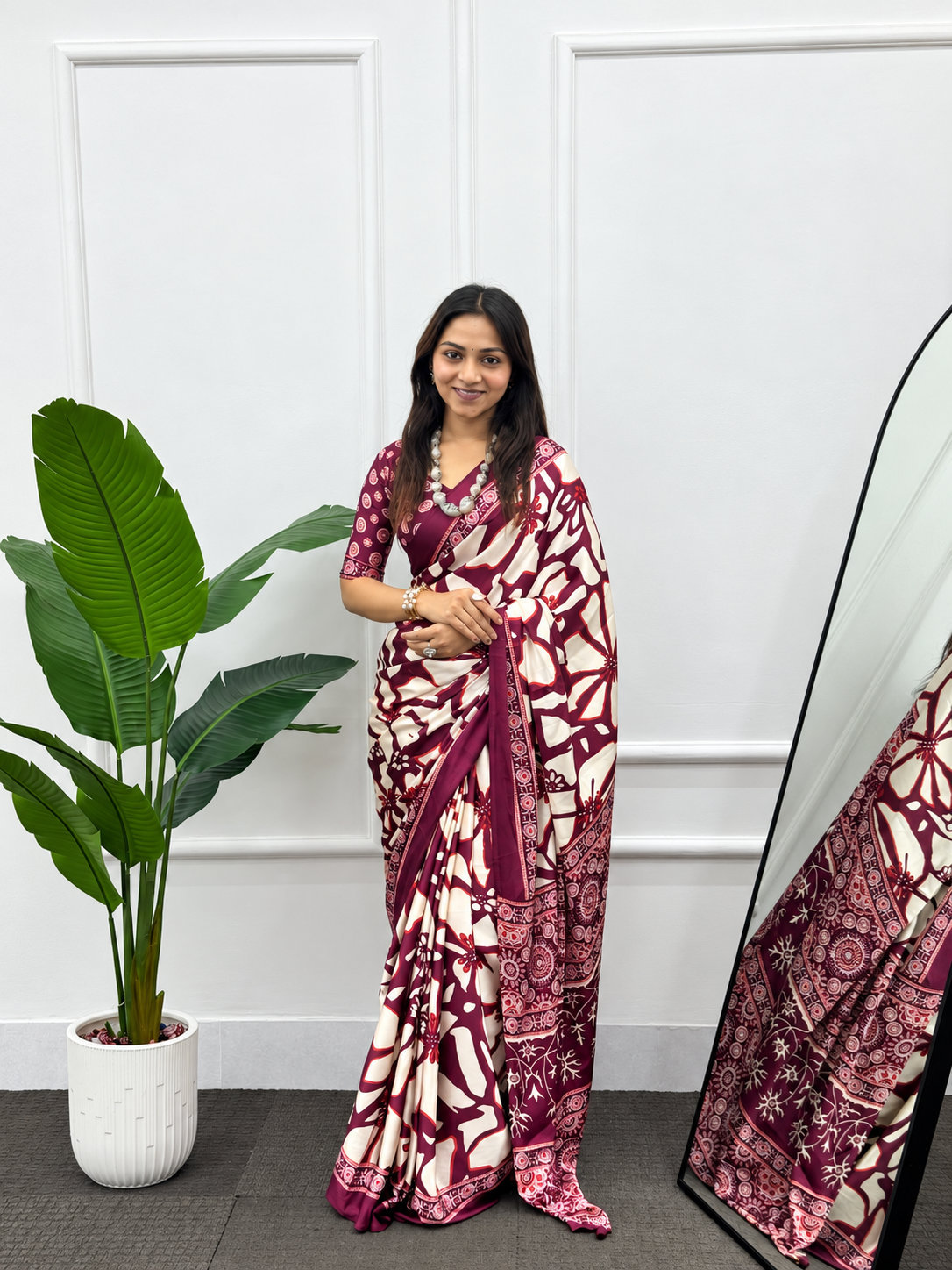 Rich Wine & Cream Fluid Japan Satin Saree Finished with an Haute Couture Heavy Latkan Designer Pallu