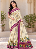 Vrinda Cream and Purple Saree with Floral Trees and Elephant Prints