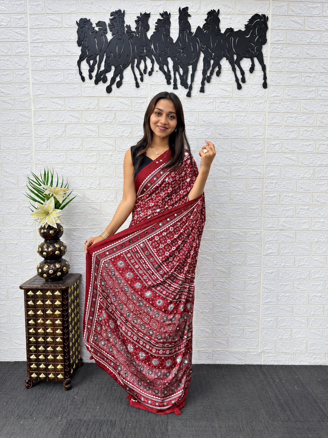 Crimson Ritz Japan Satin Silk Saree with Glinting Mirror Work