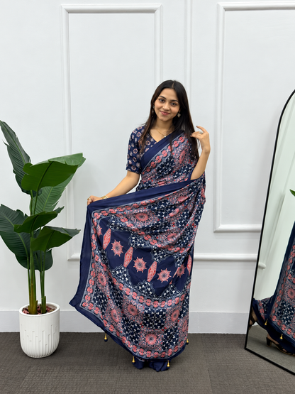 Kavya Luxury  Elegant Navy Blue Printed Crepe Silk Saree With Ethnic Border