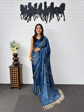 Deep Sapphire Blue Japan Satin Silk Semi Gajji Bandhani Saree