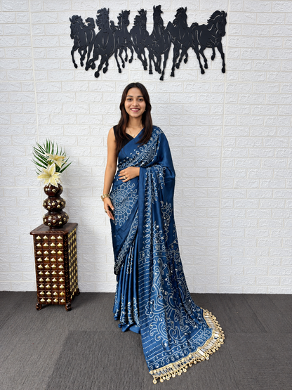 Deep Sapphire Blue Japan Satin Silk Semi Gajji Bandhani Saree