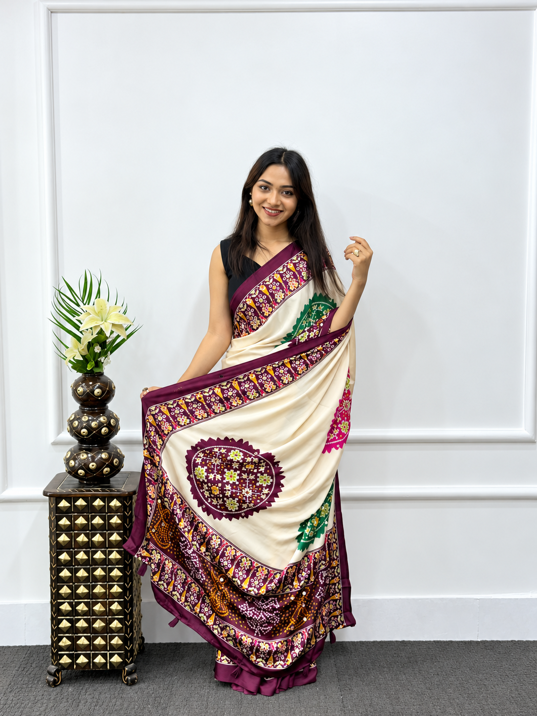 Ivory Cream Japan Satin Silk Saree with Heavy Real Mirror Work & Traditional Geometric Pallu Border