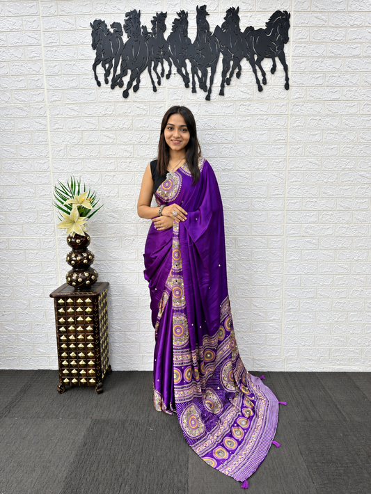 Aarohi Luxurious Royal Purple Japan Satin Silk Saree with Heavy Mirror Embellishments & Viscose Latkan Pallu