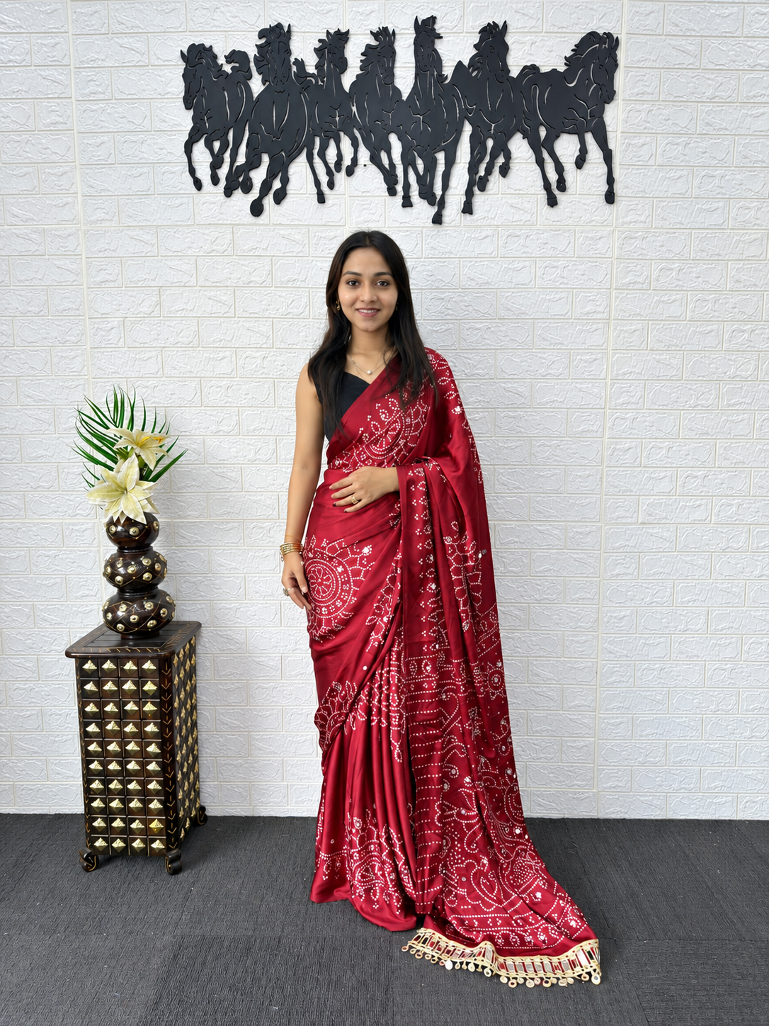 Radha Krishna Festive Bandhani Print Japan Satin Silk Saree