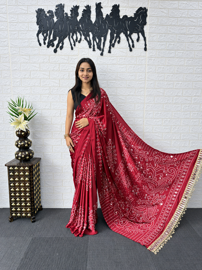 Radha Krishna Festive Bandhani Print Japan Satin Silk Saree