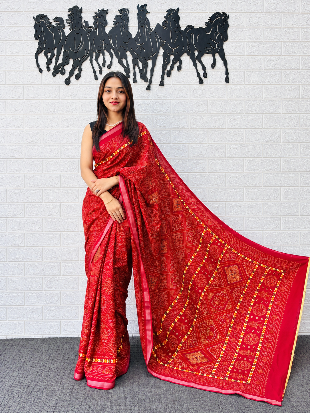 Luxury Heavy Mal Mal Cotton Printed Saree in Deep Red with Rich Traditional Border Work