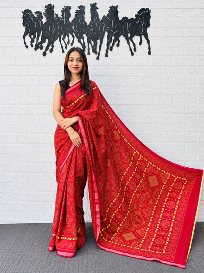 Luxury Heavy Mal Mal Cotton Printed Saree in Deep Red with Rich Traditional Border Work