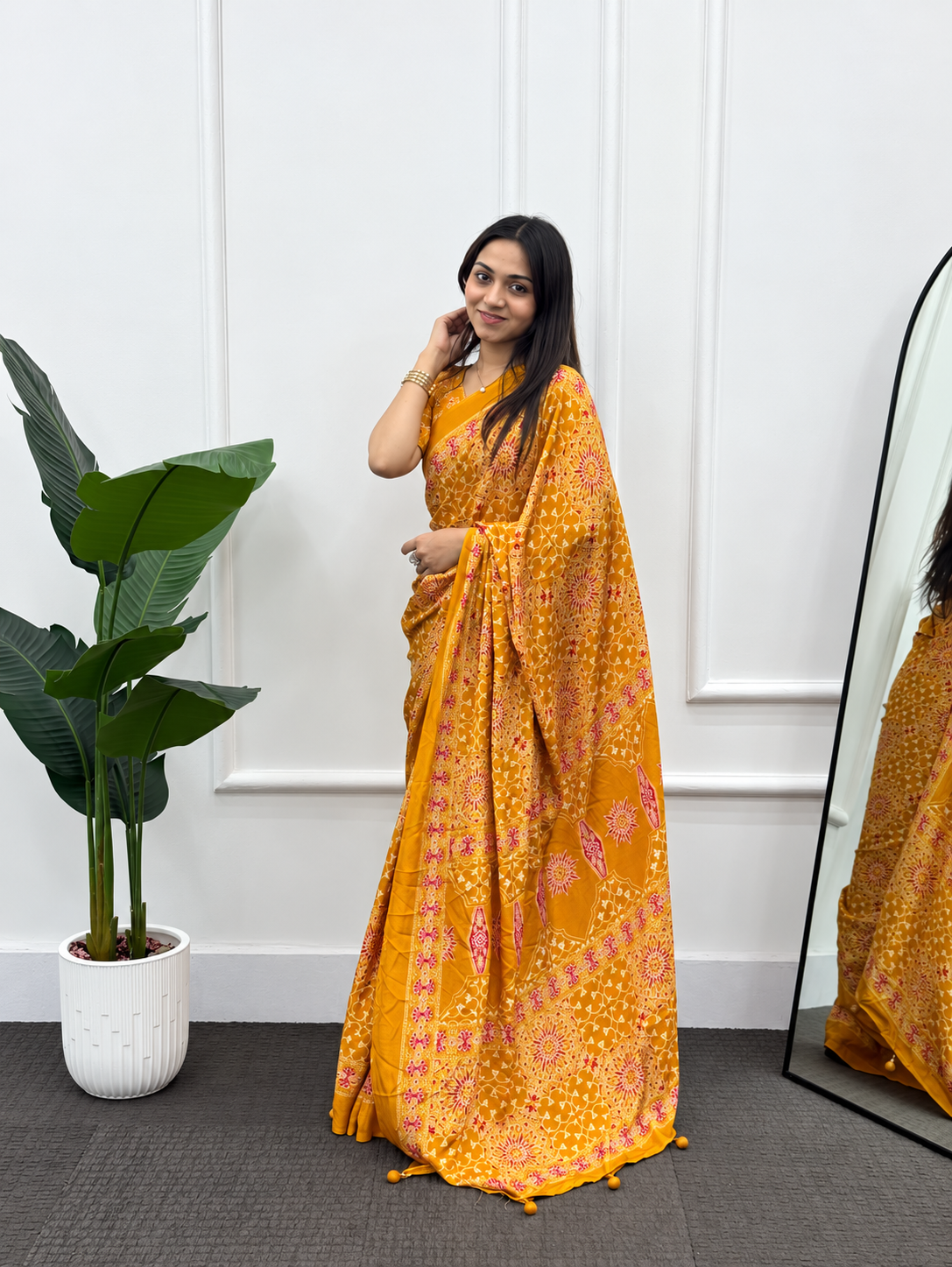 Sunlit Mustard Opulence All-Over Printed Silk Saree