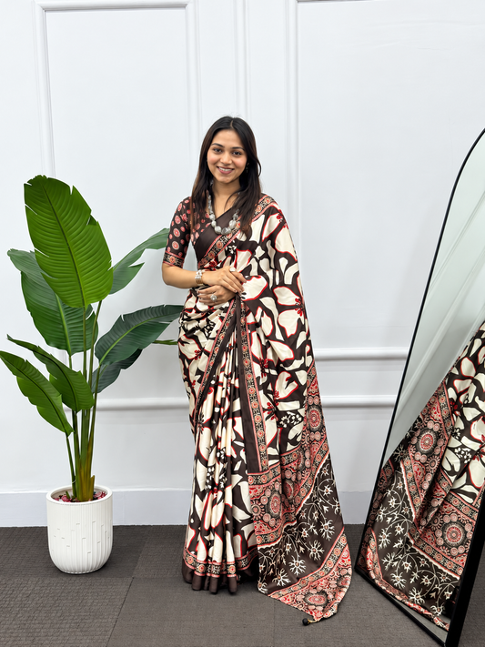 Cocoa Bloom Soft Japan Satin Silk Abstract Print Saree with Heavy Latkan