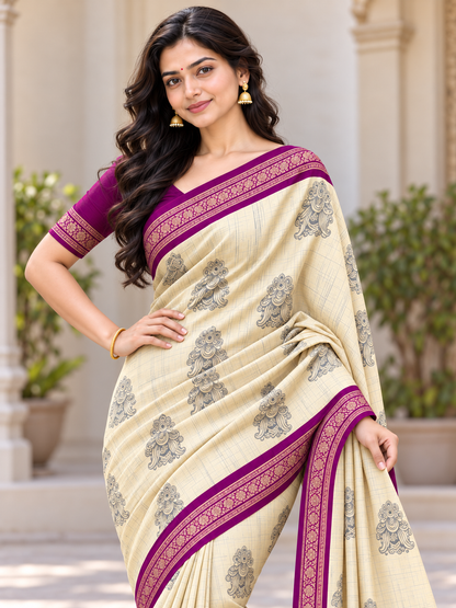 Vrinda Cream and Purple Saree with Floral Trees and Elephant Prints