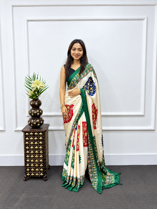 Royal Emerald Green & Ivory Patola Fusion Satin Saree