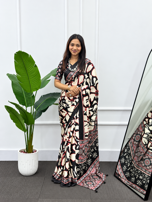 The Midnight Luxe Japan Satin Silk Saree with a High Drama Heavy Latkan Pallu Border