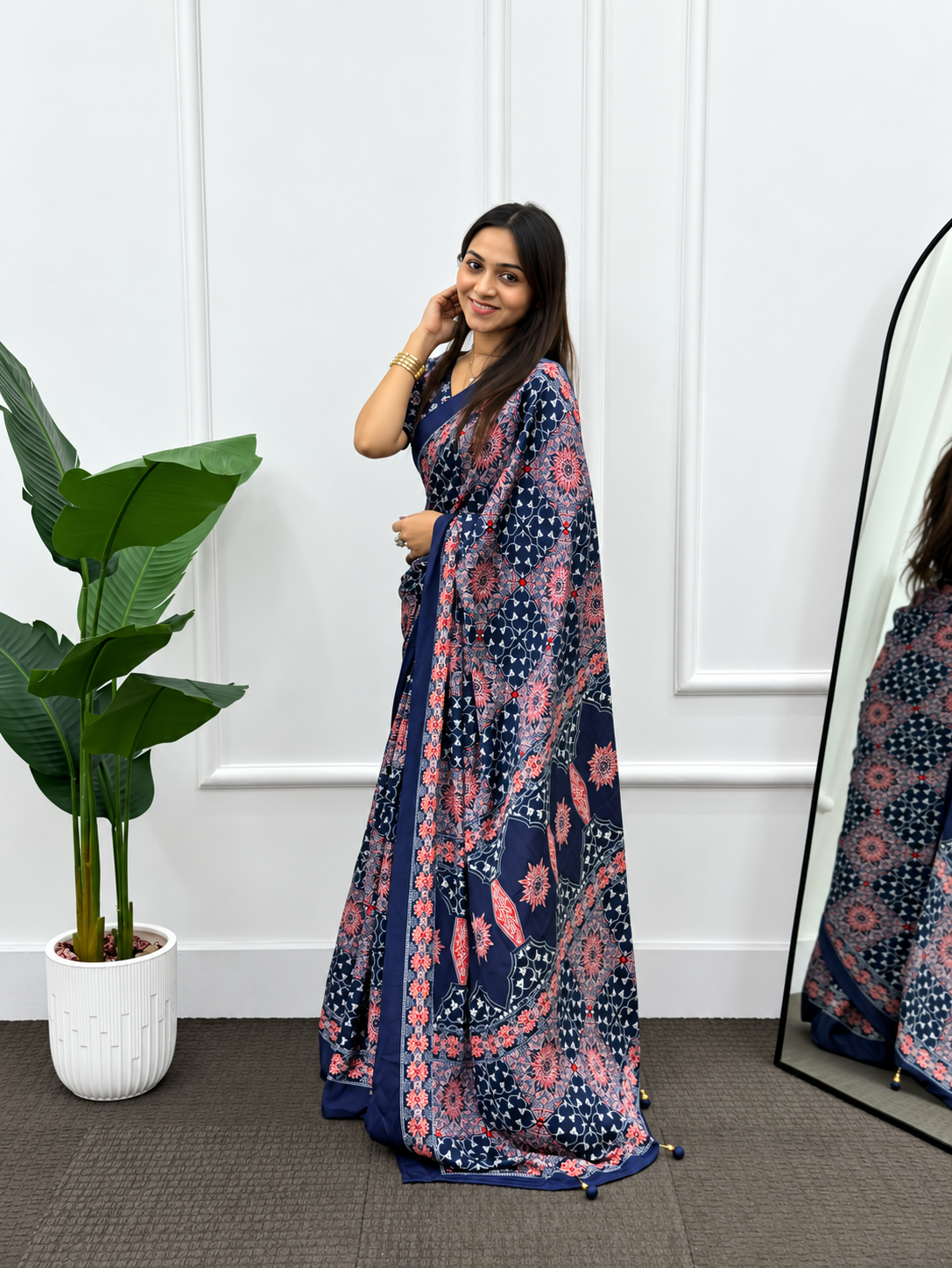 Kavya Luxury  Elegant Navy Blue Printed Crepe Silk Saree With Ethnic Border