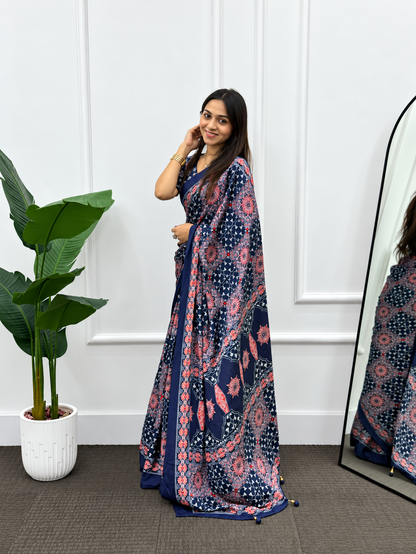 Kavya Luxury  Elegant Navy Blue Printed Crepe Silk Saree With Ethnic Border