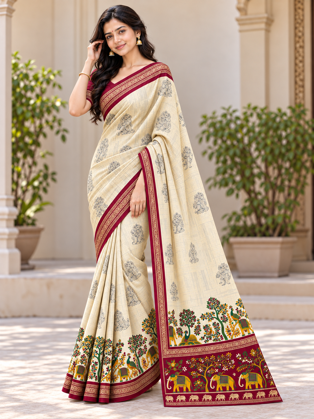 Aarohi Cream & Maroon Saree with Artistic Peacock and Elephant Motifs, Floral Detailing and Gold-Toned Border