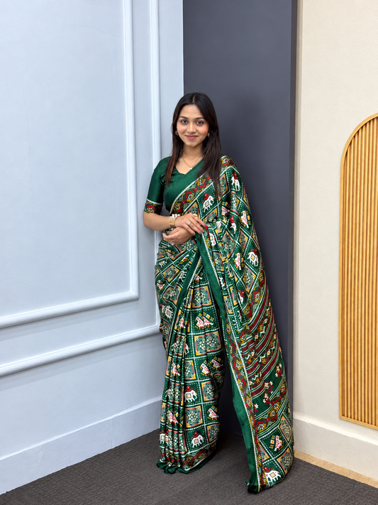 Premium Patola Print Satin Saree with Artisan Latkan