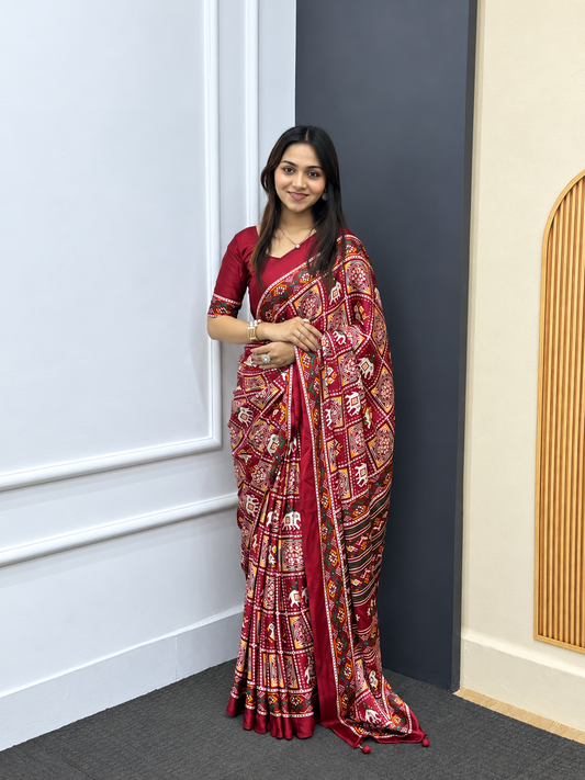 The Shubh Vivah Maroon Premium Japan Satin Silk Saree