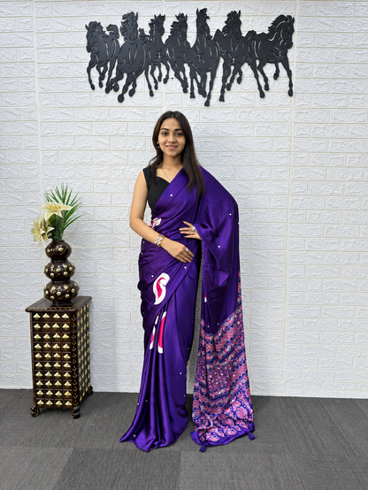 Celeb Inspired Deep Purple Satin Silk Saree Real Mirror Embellishments & Designer Tassel Pallu