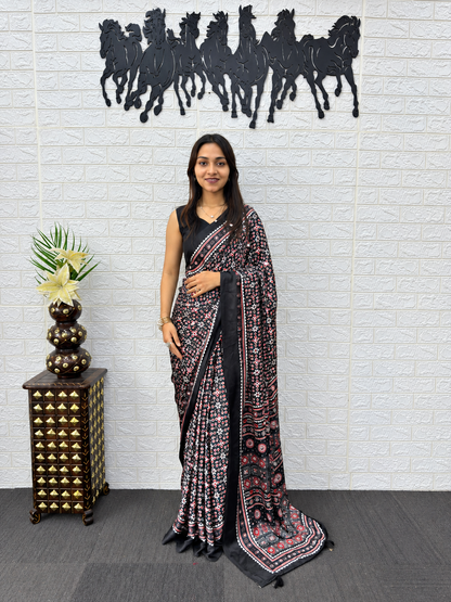 Bollywood Glam Heavy Mirror Work Japan Satin Saree with Viscose Latkan
