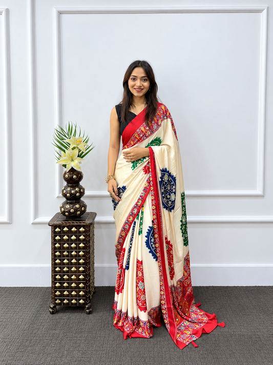 Elegant Cream Japan Satin Silk Saree with Multicolored Patola Mandala Prints and Heavy Handcrafted Mirror Work Border