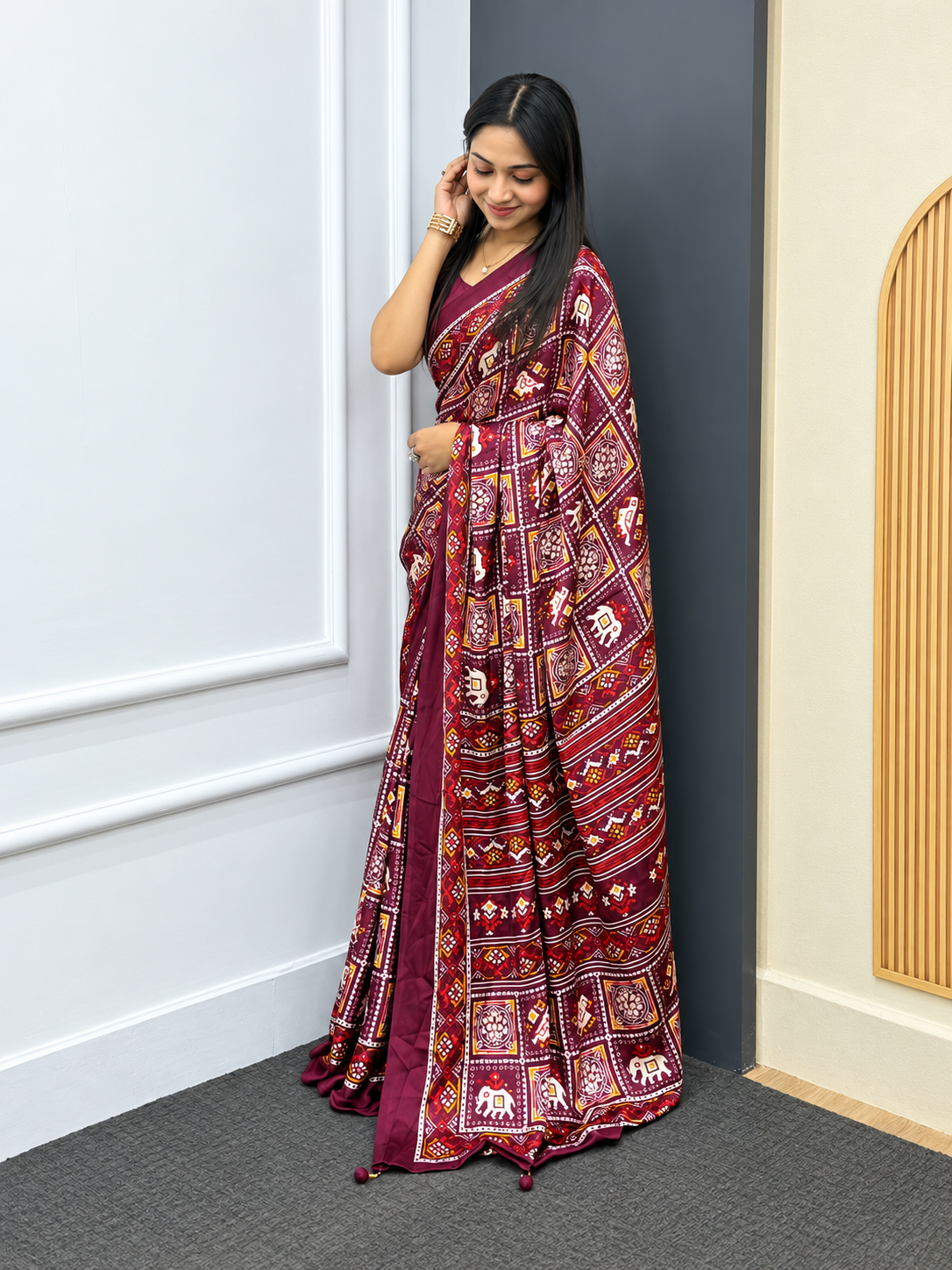 The Imperial Wine Silhouette Luxury Patola Print Japan Satin Saree