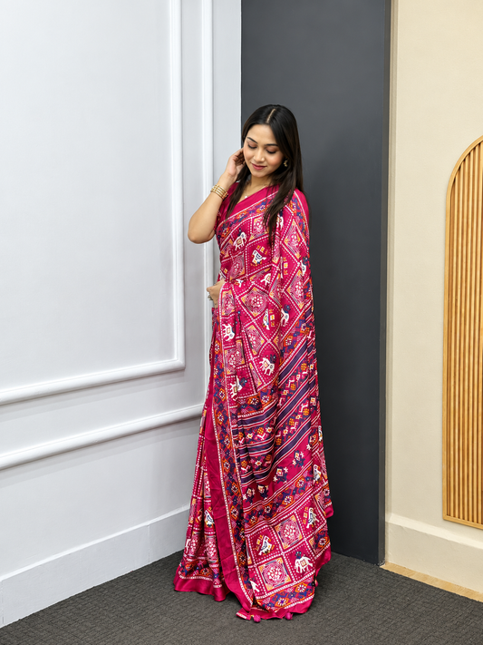 Regal Heritage Crimson Pink Patola Silk Saree with Elegant Blouse Piece