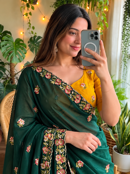 Regal Emerald Green Floral Embroidered Saree with Elegant Designer Border & Luxury Festive Finish