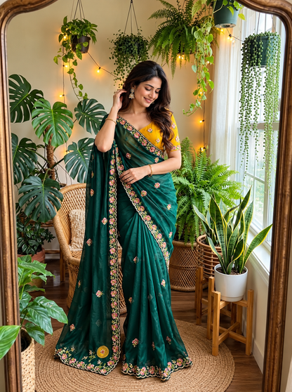 Regal Emerald Green Floral Embroidered Saree with Elegant Designer Border & Luxury Festive Finish