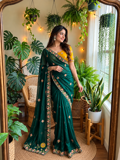 Regal Emerald Green Floral Embroidered Saree with Elegant Designer Border & Luxury Festive Finish