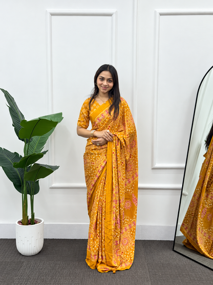 Sunlit Mustard Opulence All-Over Printed Silk Saree