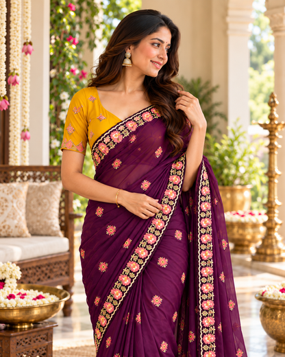 Regal Plum Embroidered Border Luxury Saree