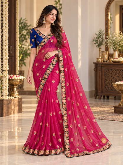 Royal Rani Pink Floral Embroidered Luxury Saree with Contrast Navy Blouse