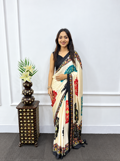 Designer Cream Japan Satin Silk Print Saree with Heavy Mirror Embellished Border and Viscose Latkan Pallu