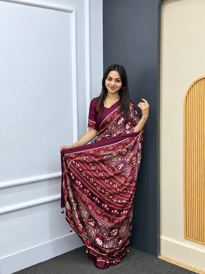 The Imperial Wine Silhouette Luxury Patola Print Japan Satin Saree