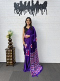 Celeb Inspired Deep Purple Satin Silk Saree Real Mirror Embellishments & Designer Tassel Pallu