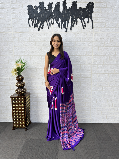 Celeb Inspired Deep Purple Satin Silk Saree Real Mirror Embellishments & Designer Tassel Pallu