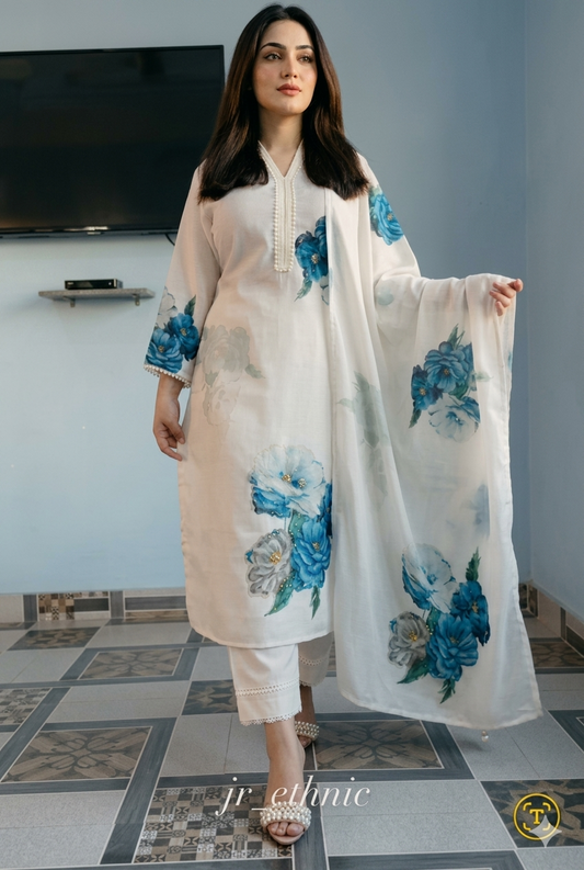Elegant White Floral Printed Linen Cotton Suit Set with Dupatta