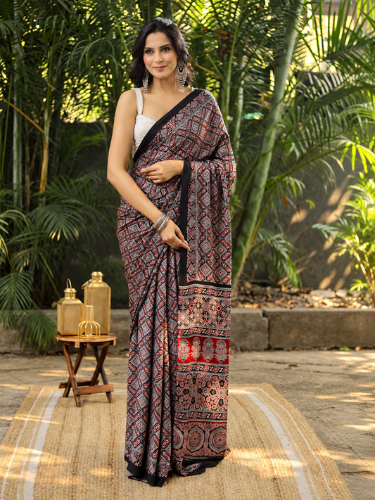 The Royal Ajrakh Premium Original Semi Gajji Silk Saree Digital Prints and Rich Heritage Pallu