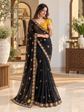 Elegant Midnight Black Floral Embroidered Designer Saree with Premium Festive Border