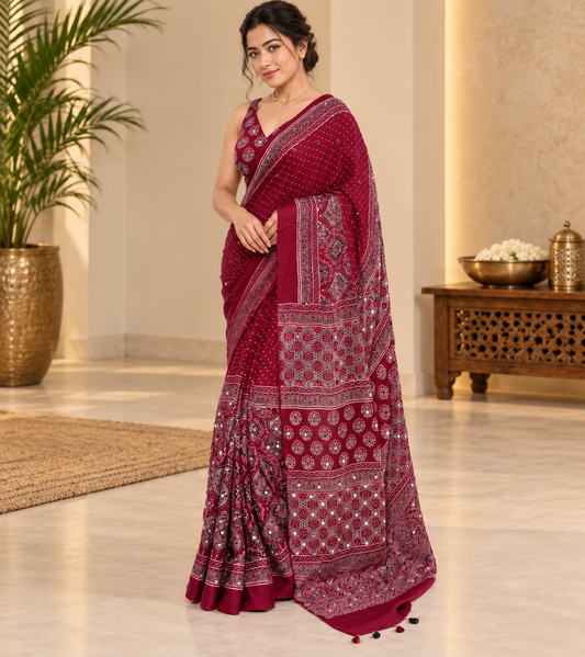 Elegant Traditional Ajrakh Block Printed Gajji Silk Saree With Real Mirror Work
