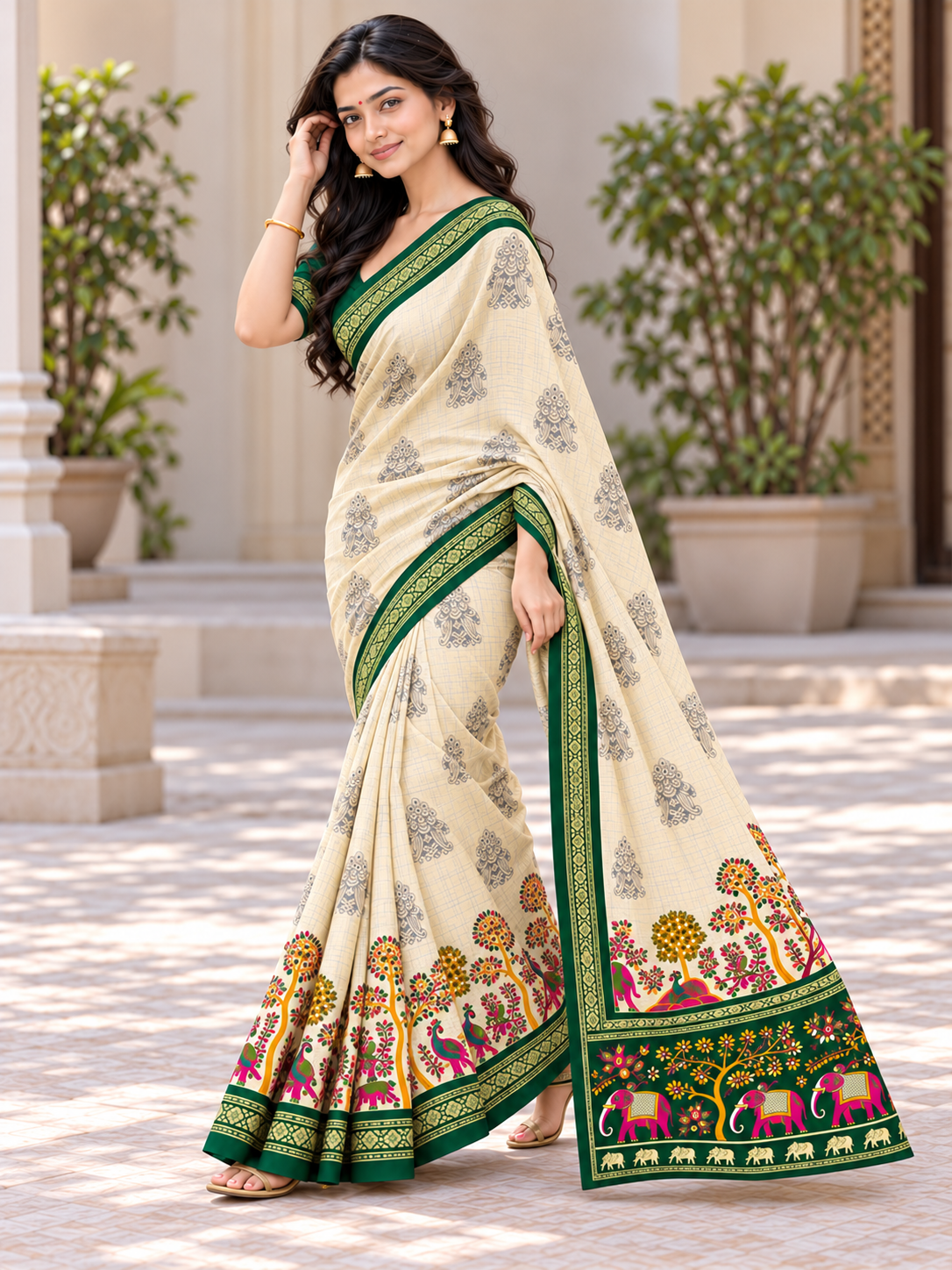 Royal Cream and Emerald Green Saree with Colourful Elephant Motifs and Ornamental Gold Border