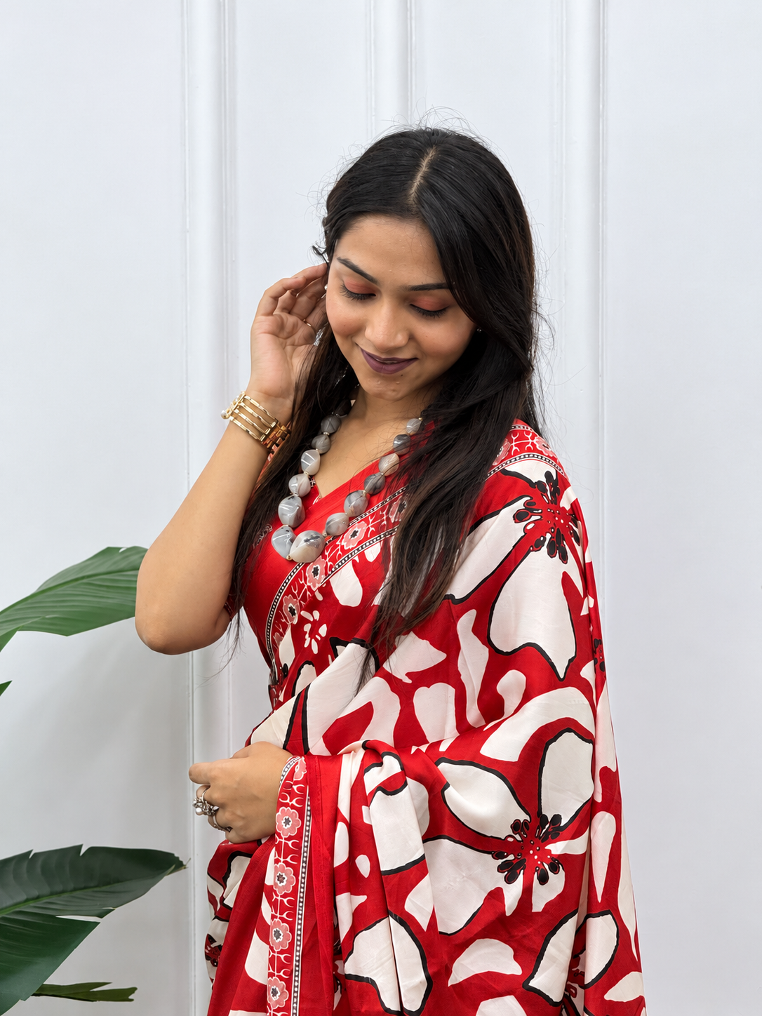 Crimson Flora Premium Japan Satin Silk Saree with Heavy Latkan Pallu