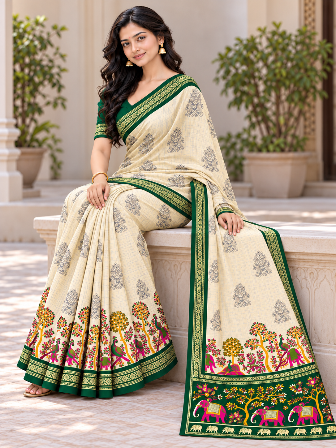 Royal Cream and Emerald Green Saree with Colourful Elephant Motifs and Ornamental Gold Border
