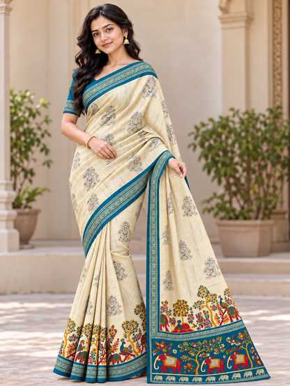 Rangrekha Cream Saree with Colourful Statement Pallu