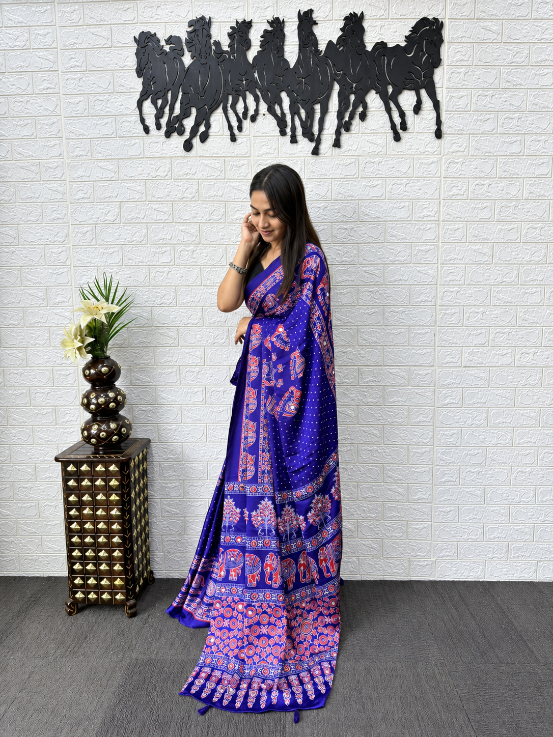 The Blue Darbar Heritage Print  Intricate Borders Saree
