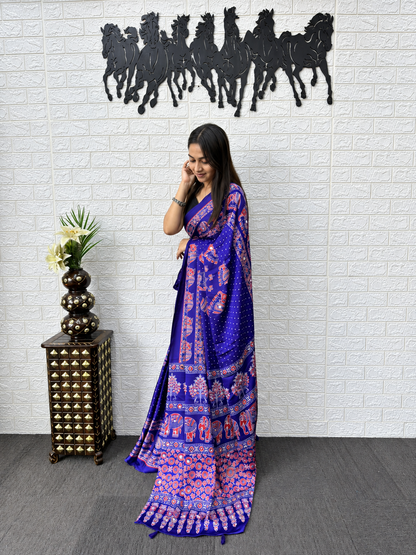 The Blue Darbar Heritage Print  Intricate Borders Saree