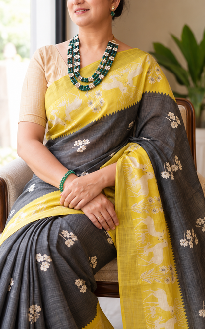 Royal Sunshine Yellow & Black Heritage Saree with Traditional Floral and Artistic Pallu