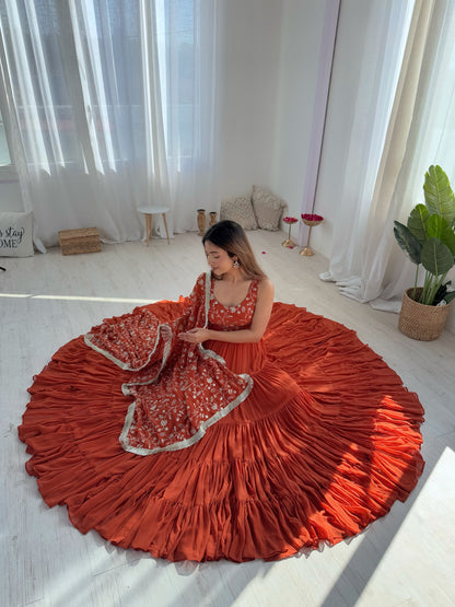 Rust Orange Tiered Anarkali Gown with Embroidered Bodice & Matching Dupatta
