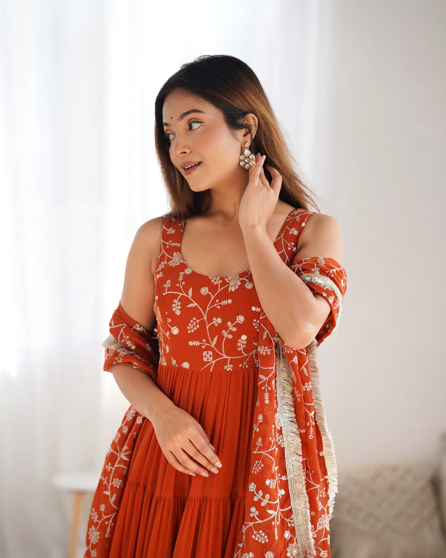 Rust Orange Tiered Anarkali Gown with Embroidered Bodice & Matching Dupatta